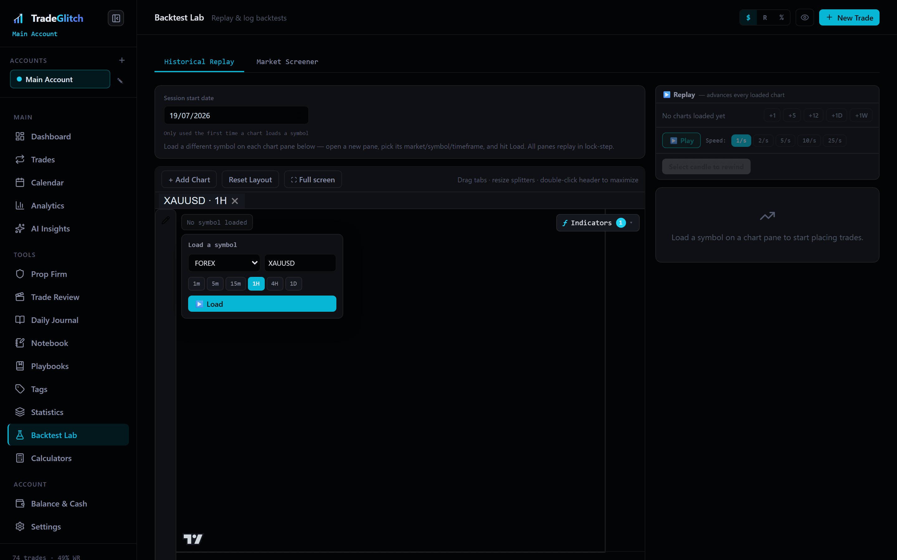 Test your process against historical price action. — Backtest Lab in TradeGlitch