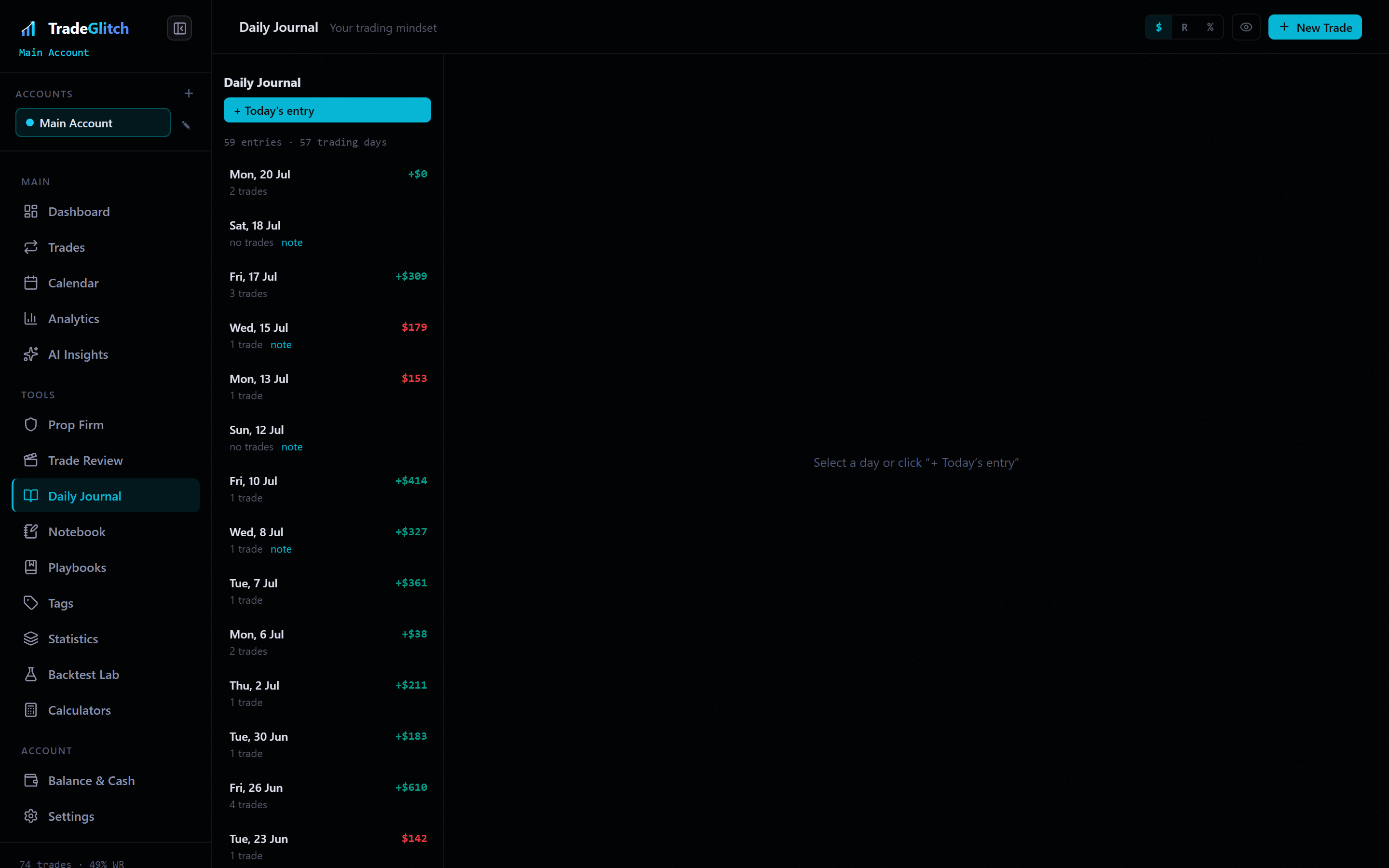 Review each trading day at a glance. — Daily Journal in TradeGlitch