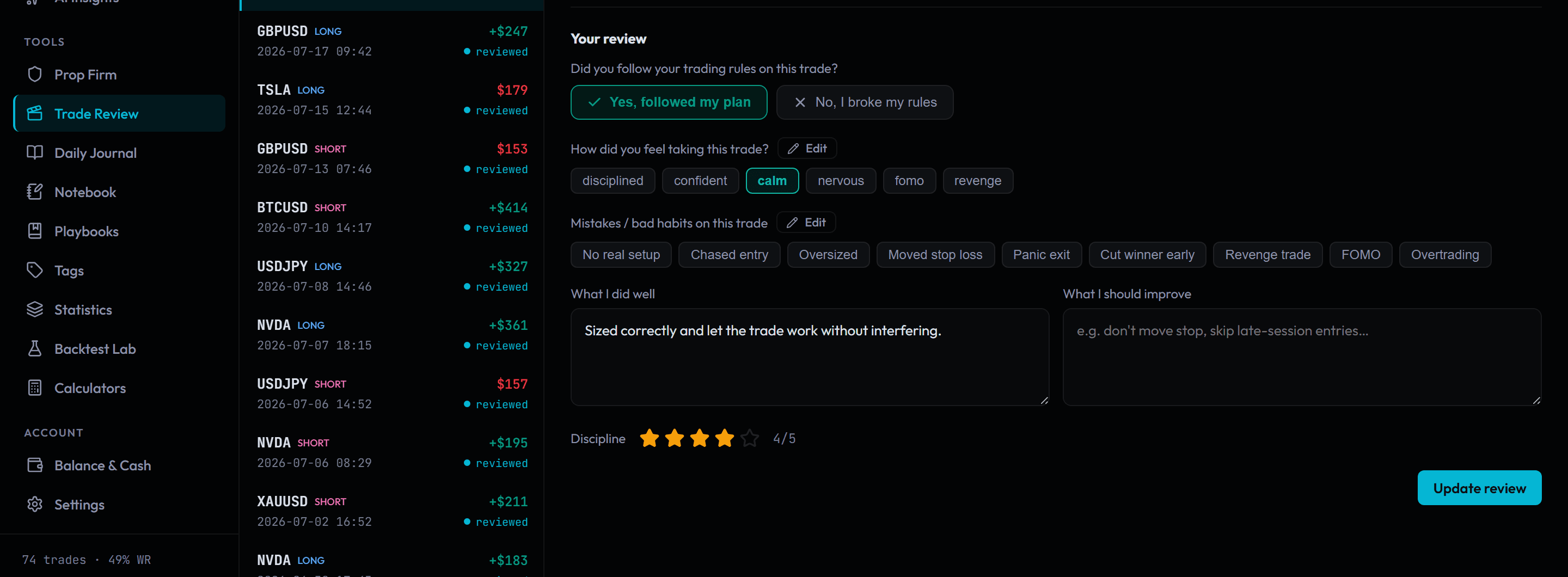 Replay the trade, then be honest about it. — Trade Review in TradeGlitch
